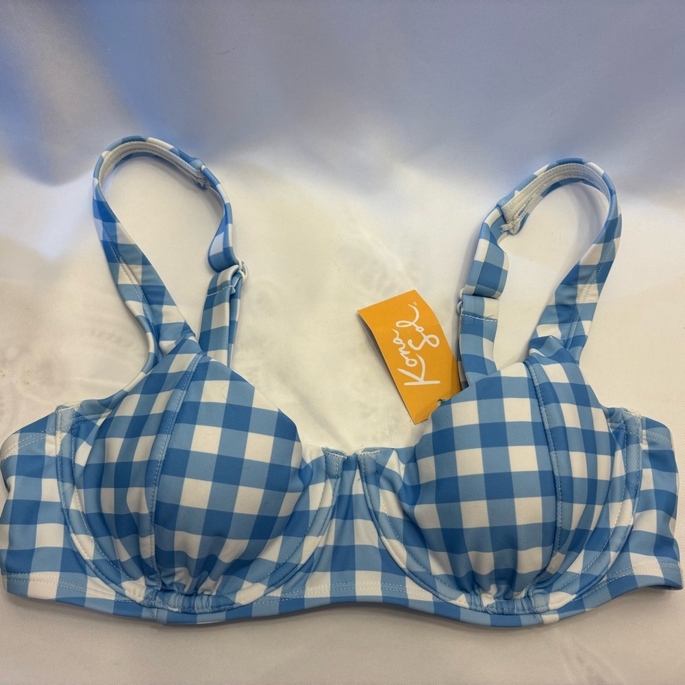 Kona Sol Blue and White Gingham Bikini Top with Supportive Design, Med, NWT